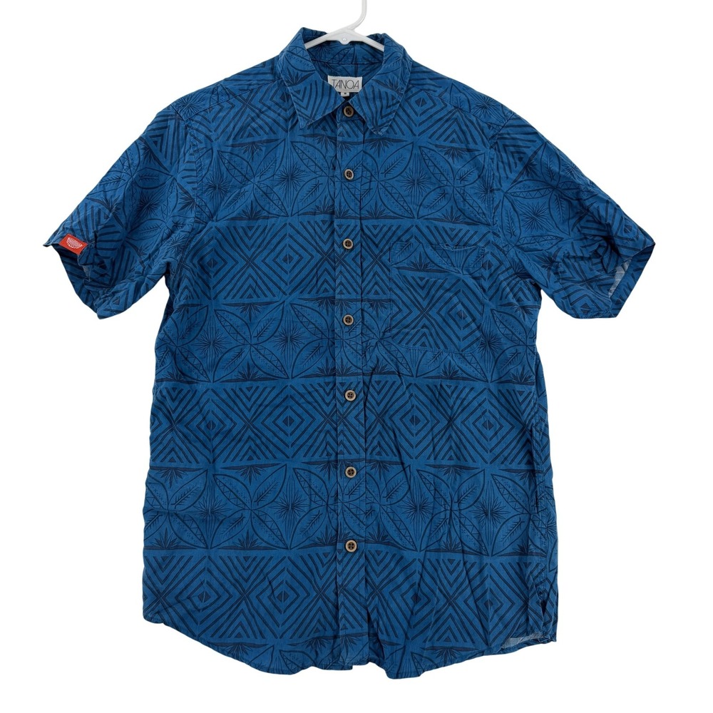Tanoa Samoa Shirt Mens Small Blue Geometric Hawaiian Button Up Aloha